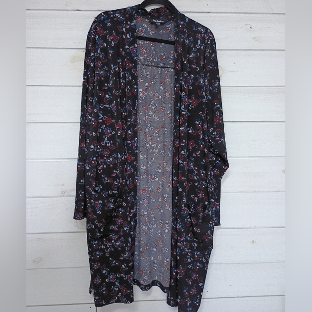 Ulla Popken Black Cardigan with Red & Blue Floral Motif US 28/30